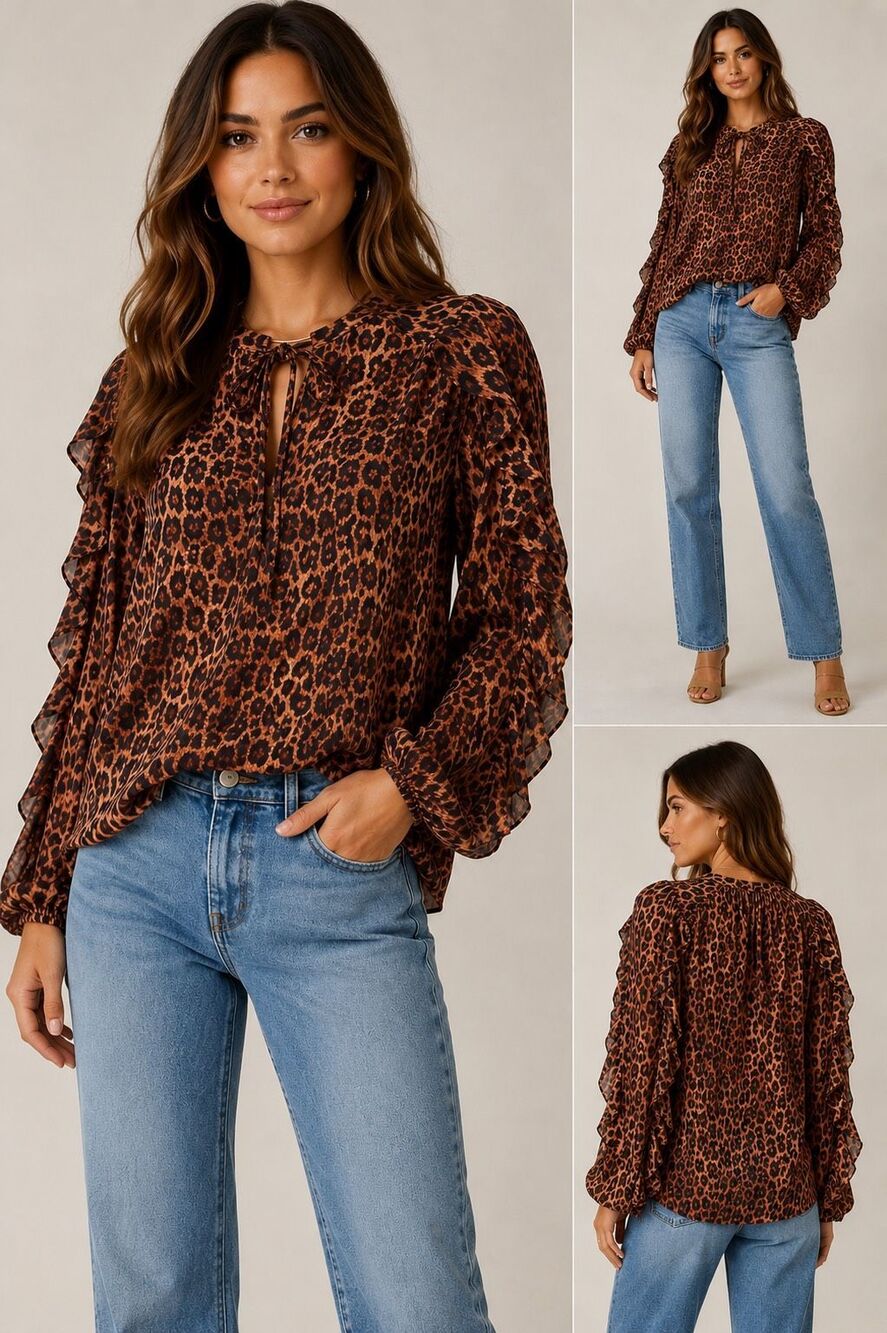 Rachel Zoe V-neck Ruffle Sleeve Cheetah Print Blouse Small Western Cowgirl #400